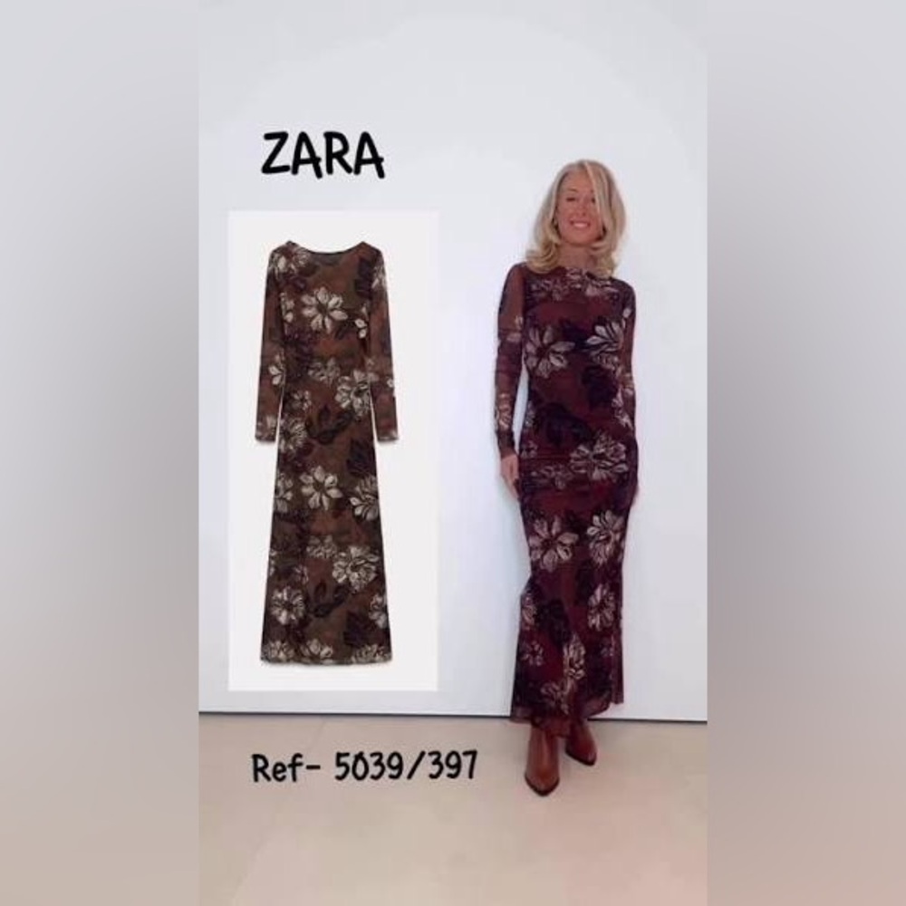 ZARA 5039/397 090 PRINTED TULLE DRESS size large light brown - Picture 12 of 14